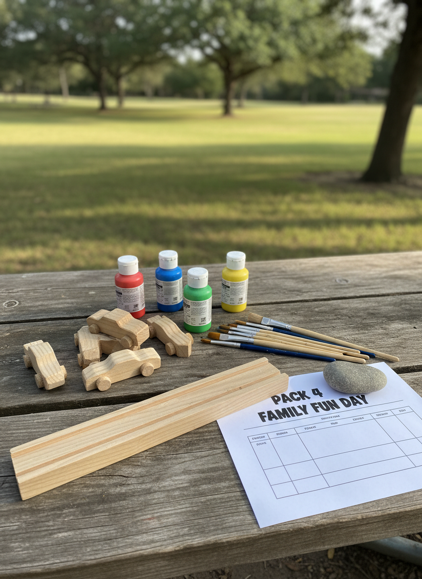 A vibrant collection of Cub Scout activity materials arranged on a rustic outdoor table at a park in Dripping Springs, Texas. There are small wooden blocks partially carved for Pinewood Derby cars, non-branded paint bottles in primary colors, clean paintbrushes, and a simple unfinished wooden track segment. A printed, unbranded event schedule labeled “Pack 4 Family Fun Day” lies nearby, weighed down by a smooth river stone. Late morning natural light casts clear, soft shadows and crisp highlights, emphasizing the textures of wood and paint. Photographic realism with a slightly elevated angle and moderate depth of field keeps all materials in sharp focus while the grassy field and distant trees fade gently, creating an energetic yet wholesome atmosphere.