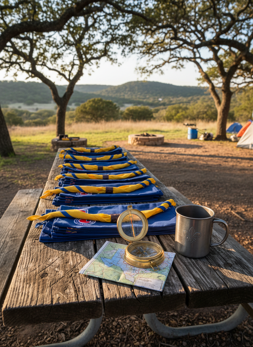 A neatly arranged Cub Scout camping scene focused on a weathered wooden picnic table covered with neatly folded blue and gold Cub Scout neckerchiefs, a classic compass, a small fold-out paper map of central Texas, and a tin camp mug with a subtle Cub Scout fleur-de-lis emblem. The table sits beneath tall Texas live oak trees in a state park near Austin, with a distant view of rolling Hill Country. Warm late afternoon sunlight filters through the branches, creating dappled patterns on the wood. Shot at eye level with photographic realism and a gentle depth of field, the background of tents and a fire ring is softly blurred, creating a welcoming, adventurous, and family-friendly mood.