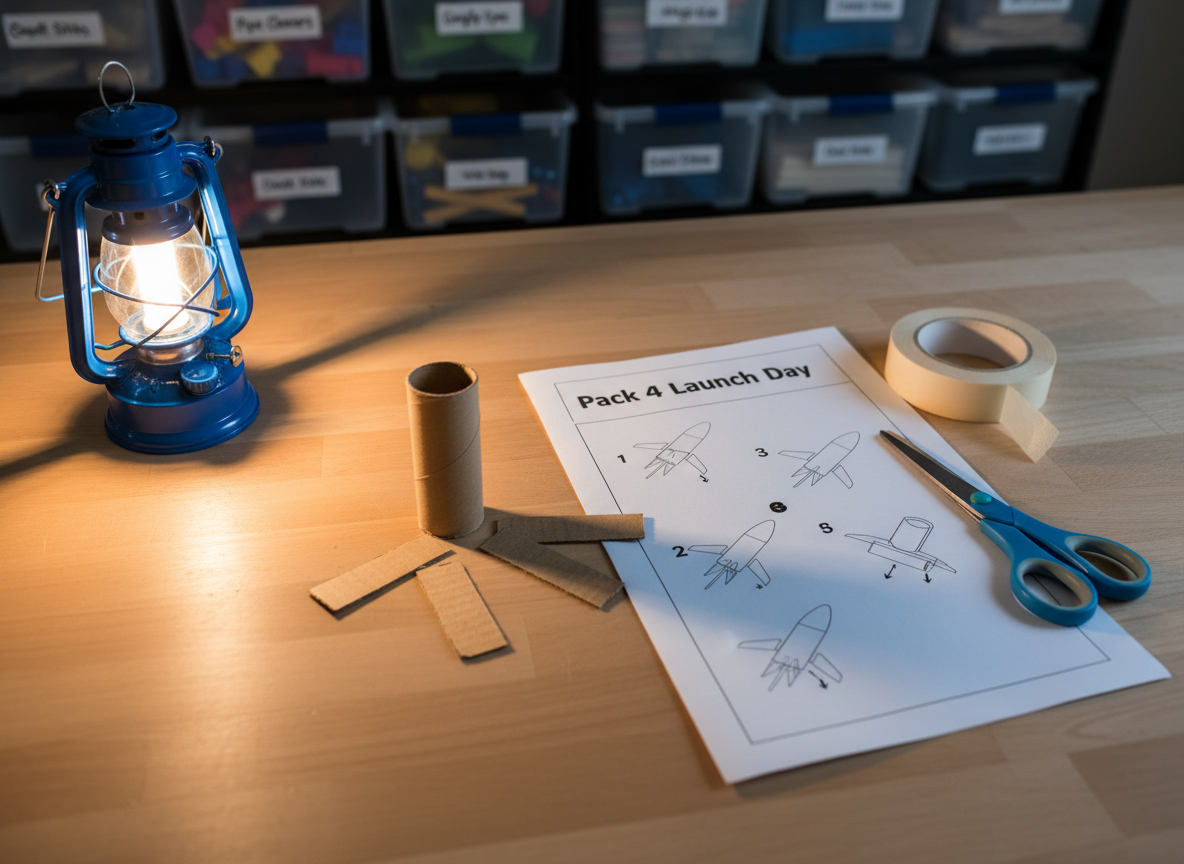 A detailed close-up of a clean wooden workbench prepared for an indoor Cub Scout STEM activity. On the bench lie a small, simple model rocket body, fins neatly aligned beside it, a roll of masking tape, child-safe scissors, and an open instruction sheet labeled “Pack 4 Launch Day” with diagrams but no branding. A small, battery-powered lantern provides warm, focused light from the side, creating soft highlights on the paper and subtle shadows from the tools. The background shows blurred shelves with labeled plastic bins of craft supplies. Photographic realism with a slightly angled overhead perspective and shallow depth of field creates a focused, hands-on, and curious mood, emphasizing learning-by-doing and careful preparation.