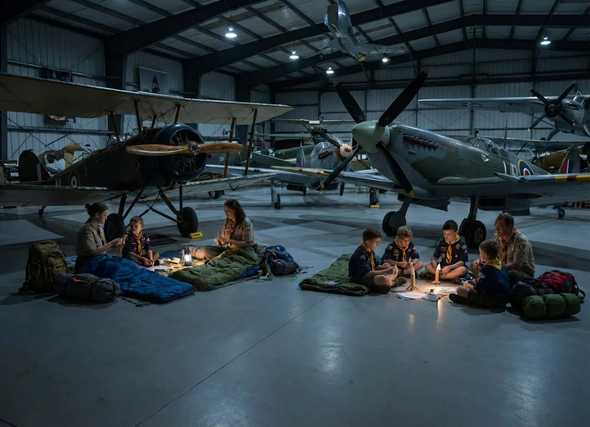 Cub Scouts overnight stay among vintage aircraft Cub Scouts and leaders sitting on sleeping bags in an airplane hangar with historic planes.