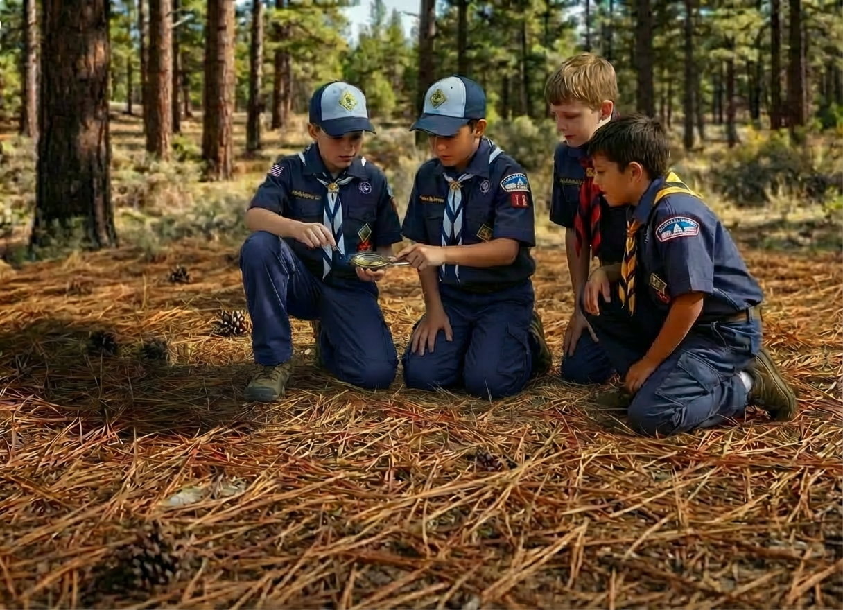 Essential gear for new scouting members Stack of four blue Scouting America handbooks next to a compass, rope, and pocketknife.