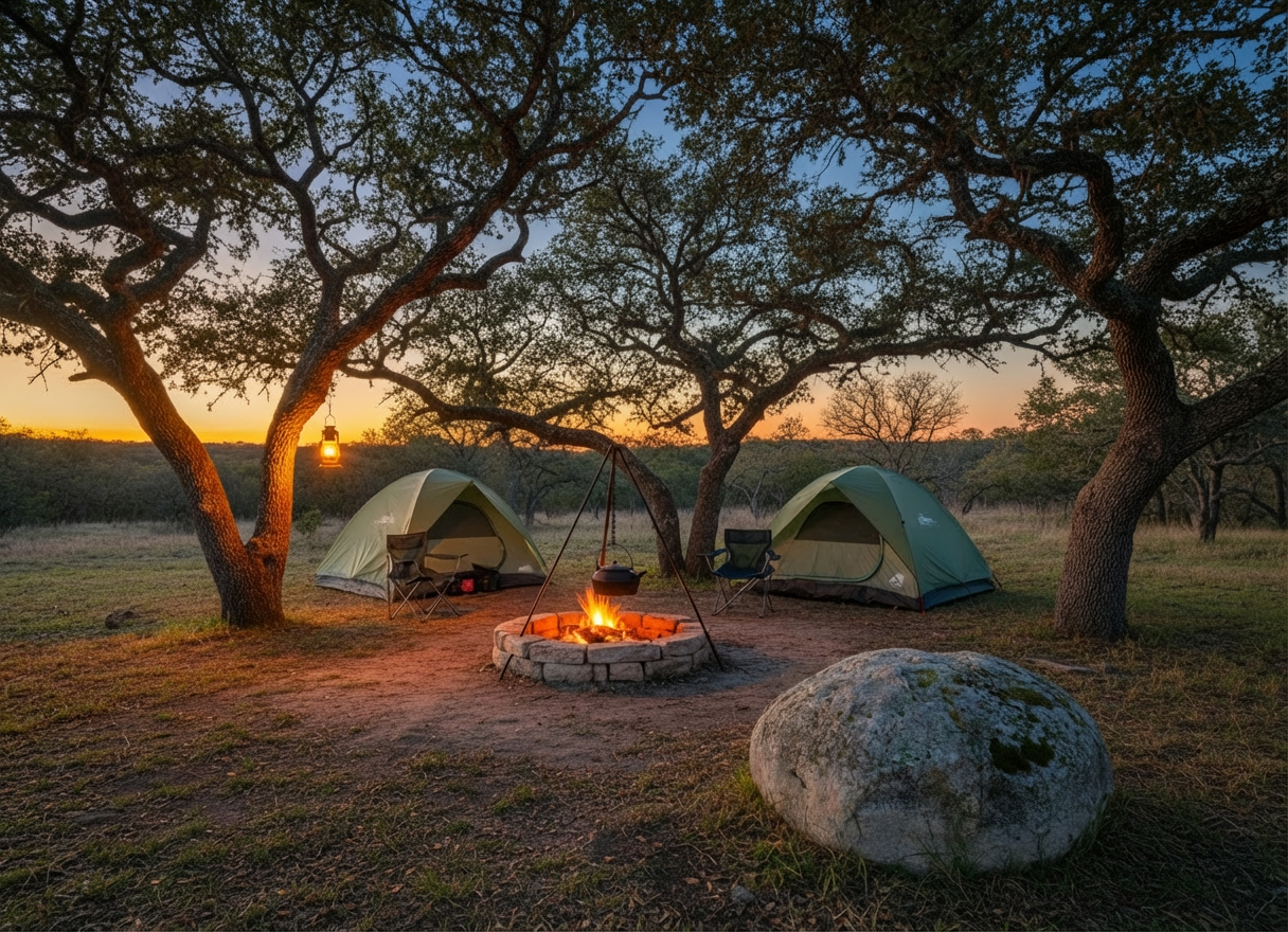 Cub Scouts A peaceful Texas Hill Country campsite at dusk with two small, unbranded dome tents pitched neatly beneath sprawling live oaks. In the center, a safe, contained campfire ring holds glowing embers and a small, controlled flame, with a simple metal tripod holding a black kettle above it. Nearby, a wooden sign painted “Pack 4 Campout” leans against a rock. The sky glows with the last warm colors of sunset, casting a golden-blue gradient across the scene. Lantern light and firelight create soft, warm illumination and long, gentle shadows. Photographic realism, wide-angle composition, and sharp focus throughout evoke a sense of family-friendly adventure, outdoor skills, and quiet camaraderie without showing any people.